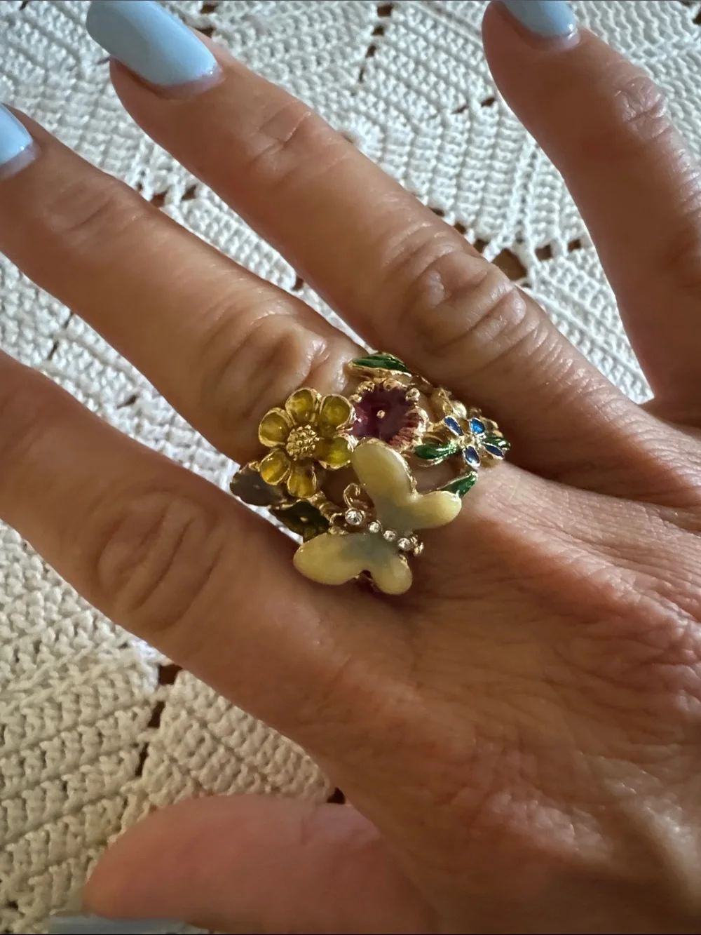 Floral Butterfly Enamel Statement Ring in Multicolor